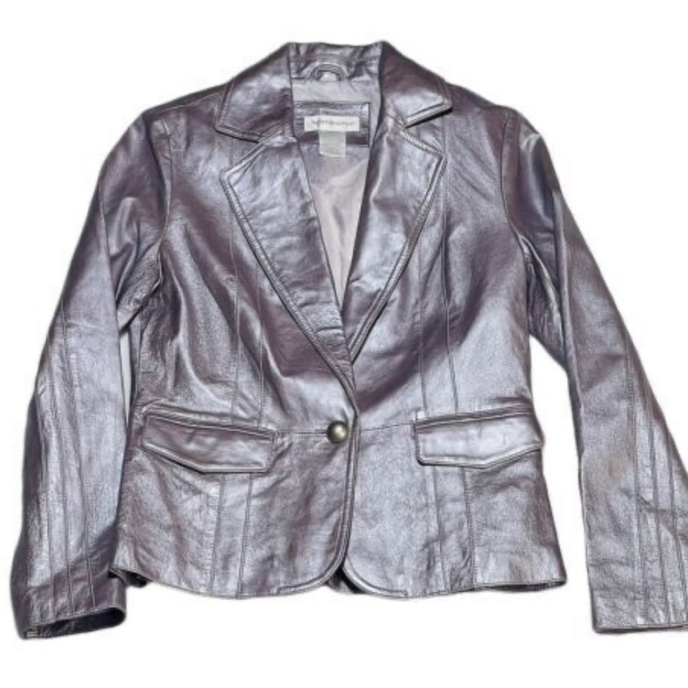 Worthington Leather Blazer Jacket Coat Purple Lavender Medium Lined Metallic